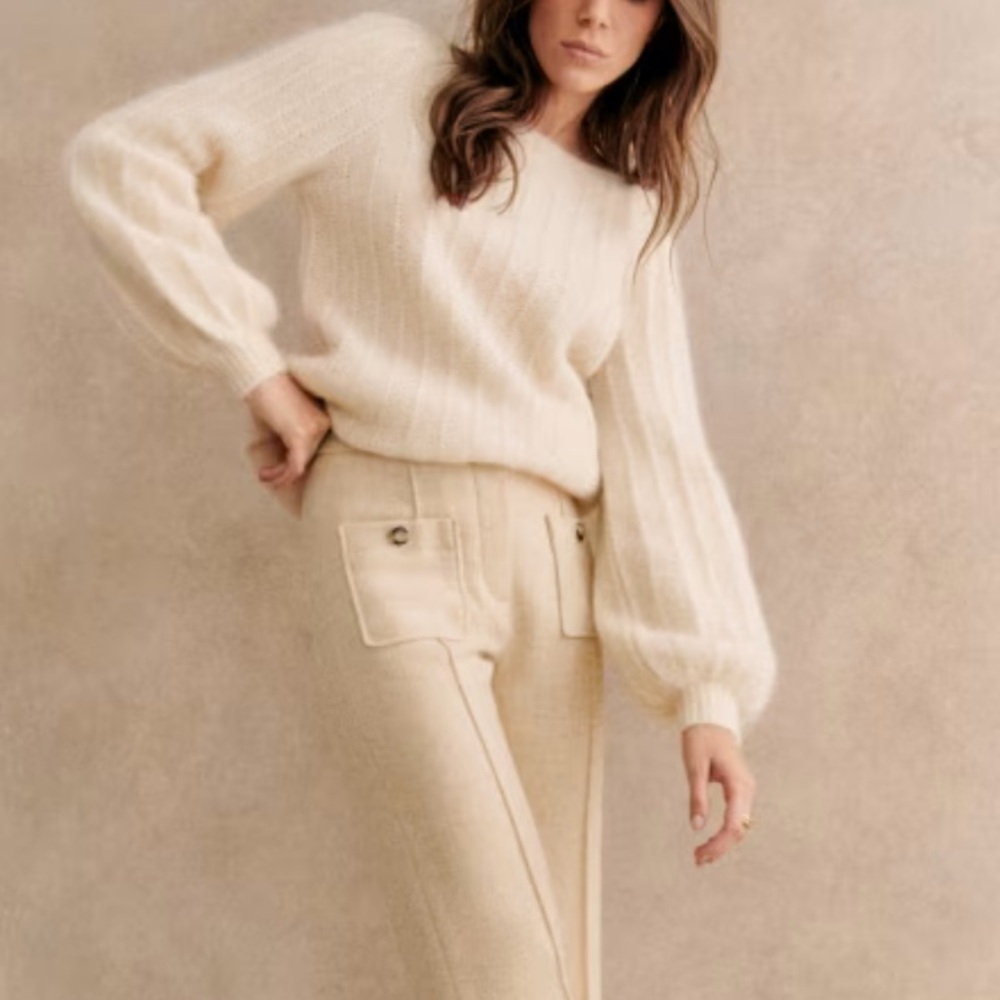 Sezane- Ivory Aretha Mohair Wool Long Balloon Sleeve Pullover Sweater